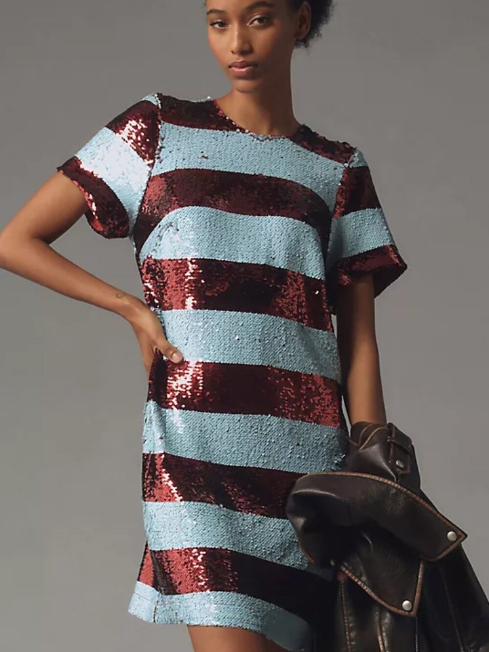 Maeve Short-Sleeve Sequin Striped Mini Dress